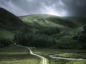 Preview wallpaper hills, road, grass, trees, nature