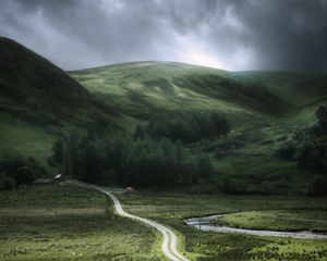 Preview wallpaper hills, road, grass, trees, nature