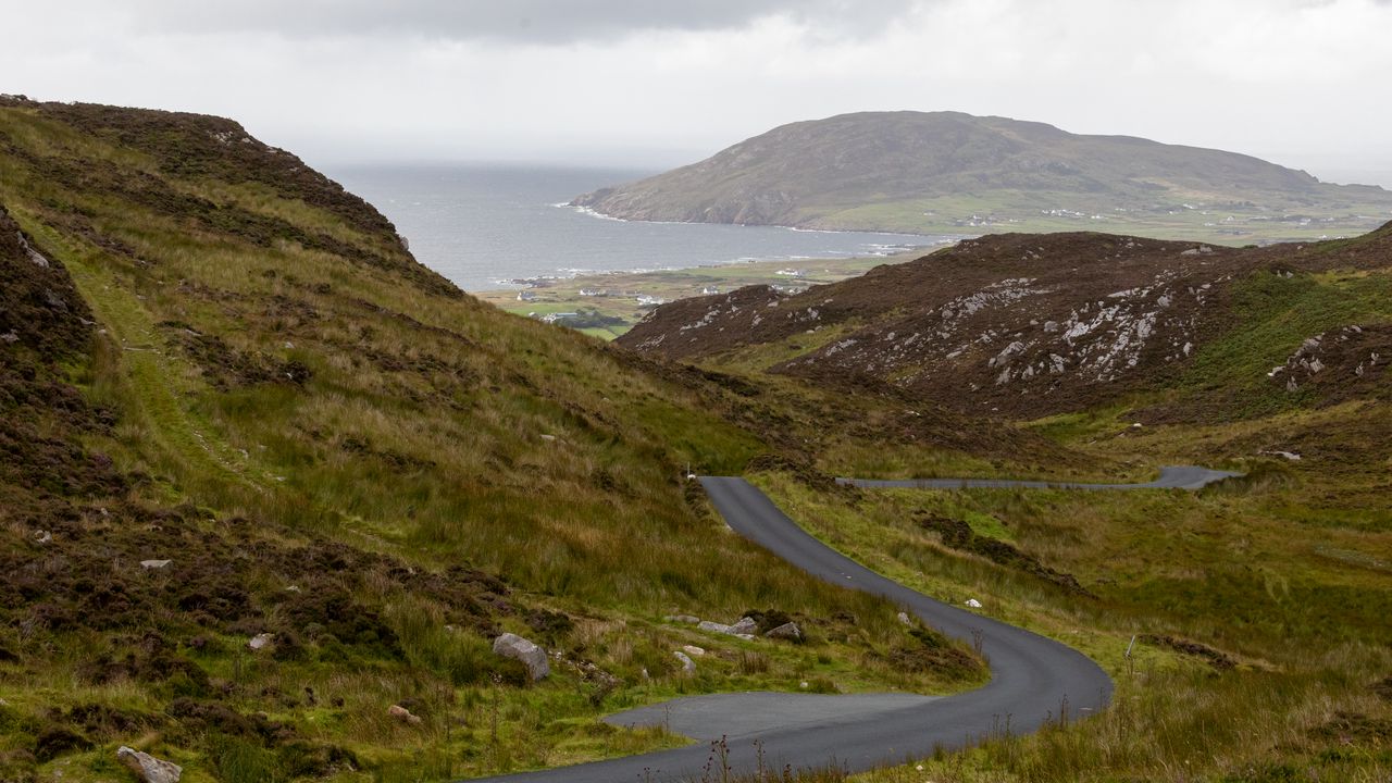 Wallpaper hills, road, sea, grass