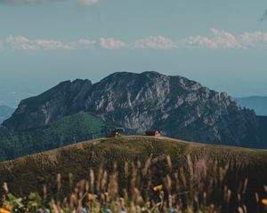 Preview wallpaper hills, rocks, flowers, wildflowers, building