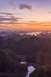 Preview wallpaper hills, rocks, river, sunset, distance