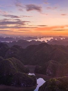 Preview wallpaper hills, rocks, river, sunset, distance