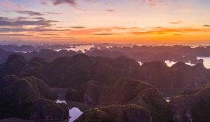 Preview wallpaper hills, rocks, river, sunset, distance