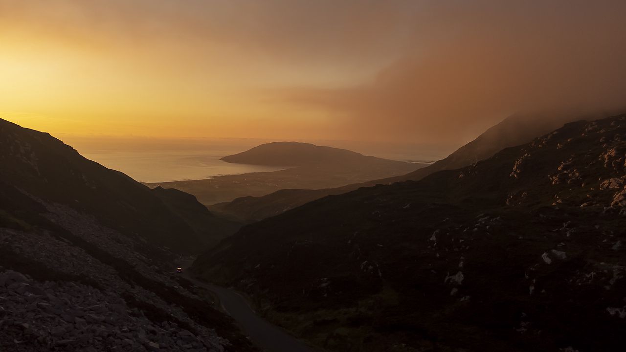 Wallpaper hills, sea, road, twilight