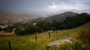 Preview wallpaper hills, slope, grass, trees, river, landscape