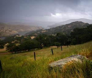 Preview wallpaper hills, slope, grass, trees, river, landscape