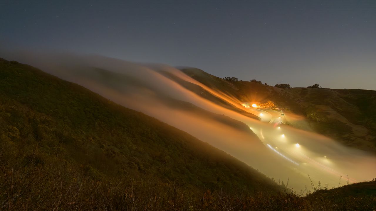Wallpaper hills, slope, lights, fog, evening