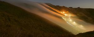 Preview wallpaper hills, slope, lights, fog, evening