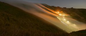 Preview wallpaper hills, slope, lights, fog, evening