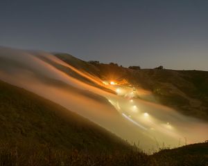 Preview wallpaper hills, slope, lights, fog, evening