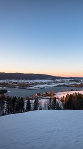 Preview wallpaper hills, snow, river, houses, nature