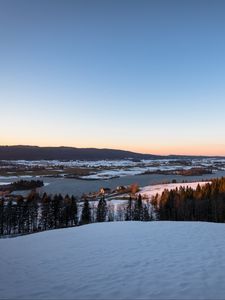 Preview wallpaper hills, snow, river, houses, nature