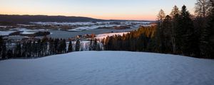 Preview wallpaper hills, snow, river, houses, nature