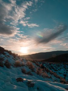 Preview wallpaper hills, snow, sunset, winter, landscape