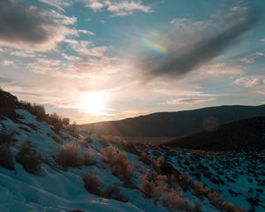 Preview wallpaper hills, snow, sunset, winter, landscape