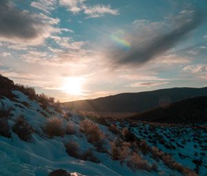 Preview wallpaper hills, snow, sunset, winter, landscape