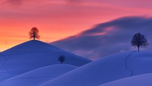 Preview wallpaper hills, snow, trees, sunset, winter