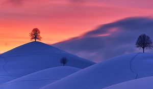 Preview wallpaper hills, snow, trees, sunset, winter