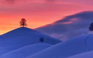 Preview wallpaper hills, snow, trees, sunset, winter