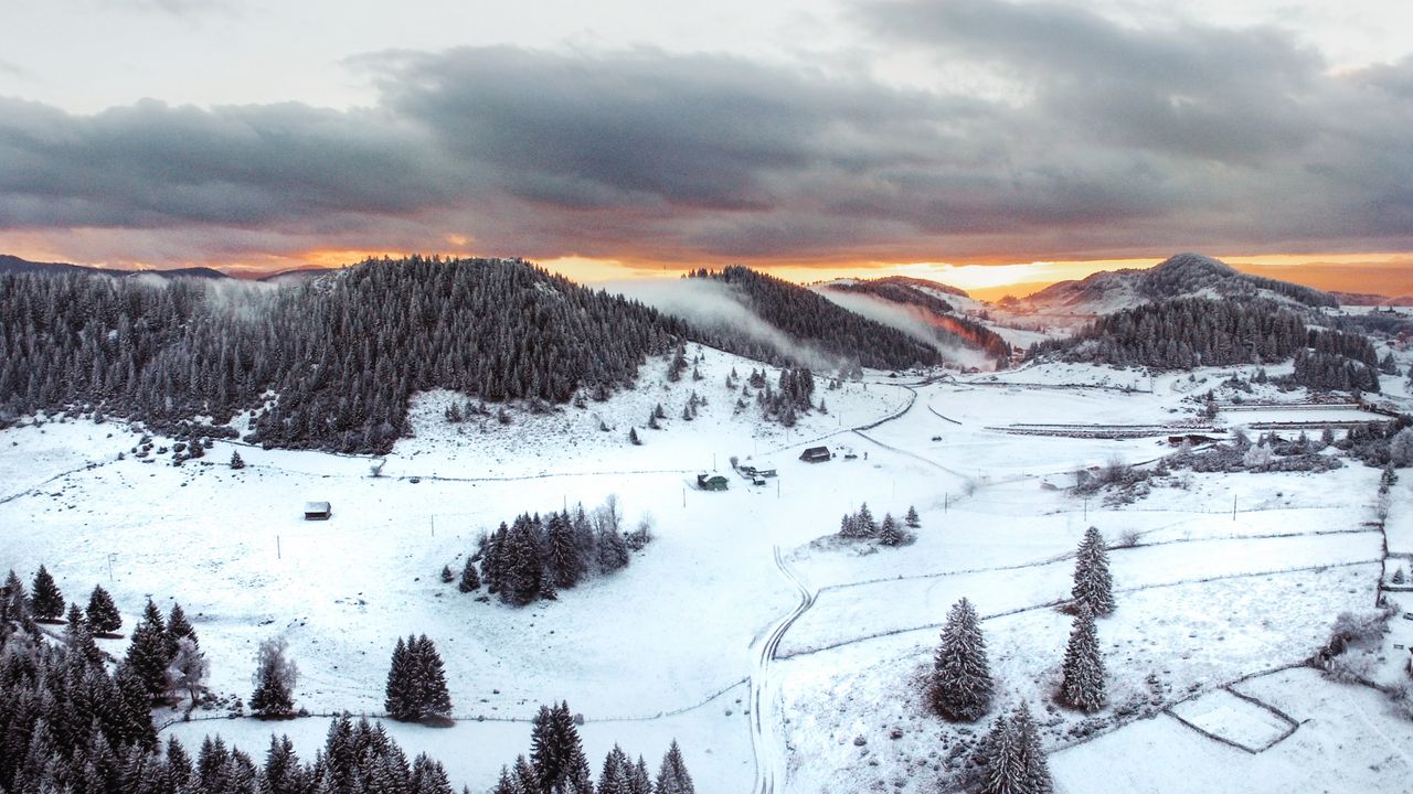Wallpaper hills, snowy, aerial view, winter, landscape