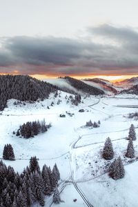 Preview wallpaper hills, snowy, aerial view, winter, landscape