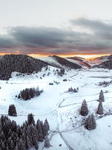 Preview wallpaper hills, snowy, aerial view, winter, landscape