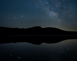 Preview wallpaper hills, starry sky, nebula, night, reflection
