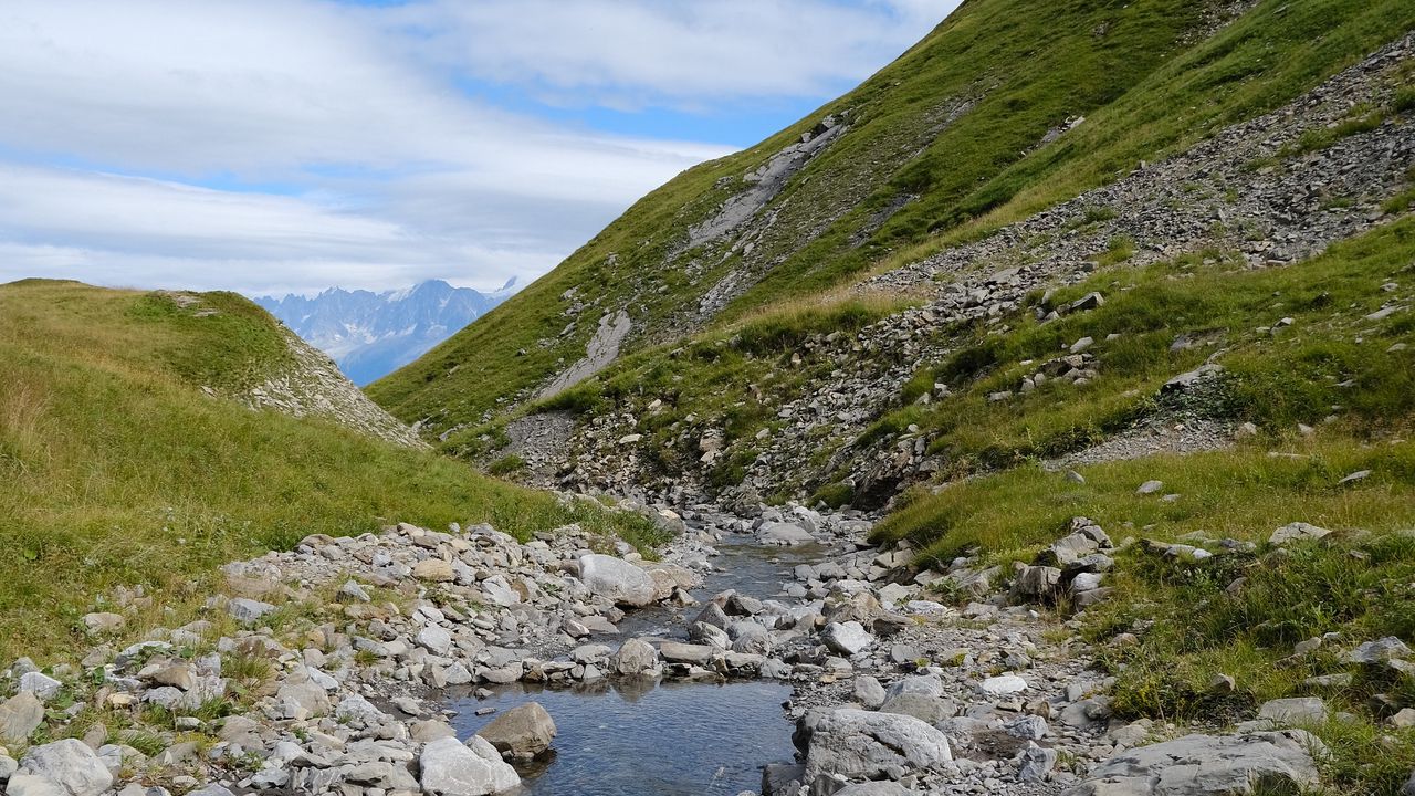 Wallpaper hills, stones, river, water, nature, landscape