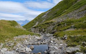 Preview wallpaper hills, stones, river, water, nature, landscape