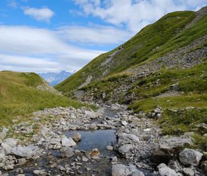 Preview wallpaper hills, stones, river, water, nature, landscape