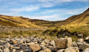 Preview wallpaper hills, stones, river, landscape, nature