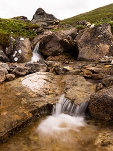 Preview wallpaper hills, stones, stream, water, cascade, nature