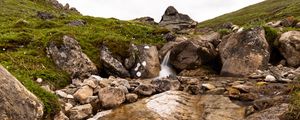 Preview wallpaper hills, stones, stream, water, cascade, nature