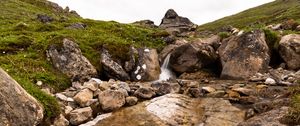 Preview wallpaper hills, stones, stream, water, cascade, nature