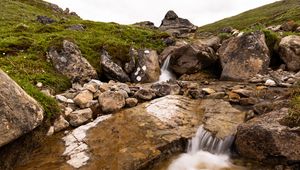 Preview wallpaper hills, stones, stream, water, cascade, nature