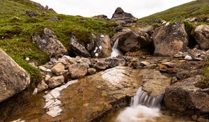 Preview wallpaper hills, stones, stream, water, cascade, nature
