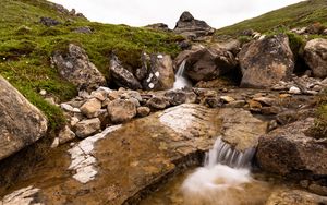 Preview wallpaper hills, stones, stream, water, cascade, nature