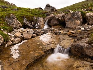 Preview wallpaper hills, stones, stream, water, cascade, nature