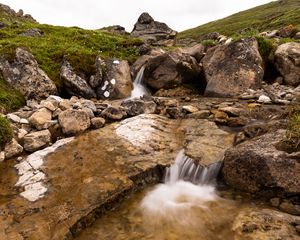 Preview wallpaper hills, stones, stream, water, cascade, nature