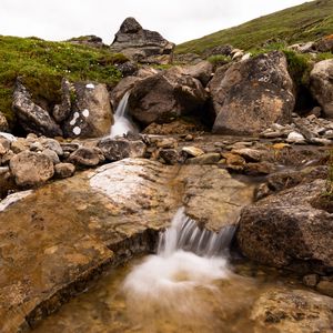 Preview wallpaper hills, stones, stream, water, cascade, nature