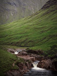 Preview wallpaper hills, stream, water, cascade, nature, landscape