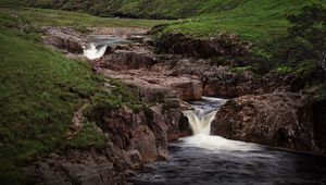 Preview wallpaper hills, stream, water, cascade, nature, landscape