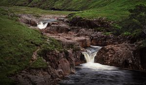 Preview wallpaper hills, stream, water, cascade, nature, landscape