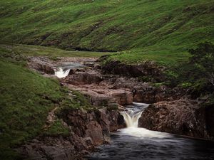 Preview wallpaper hills, stream, water, cascade, nature, landscape