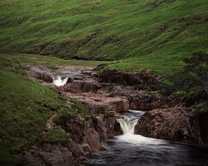 Preview wallpaper hills, stream, water, cascade, nature, landscape