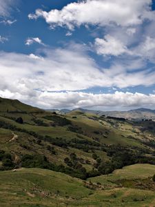 Preview wallpaper hills, trees, clouds, landscape, nature