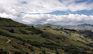 Preview wallpaper hills, trees, clouds, landscape, nature