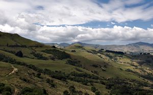 Preview wallpaper hills, trees, clouds, landscape, nature