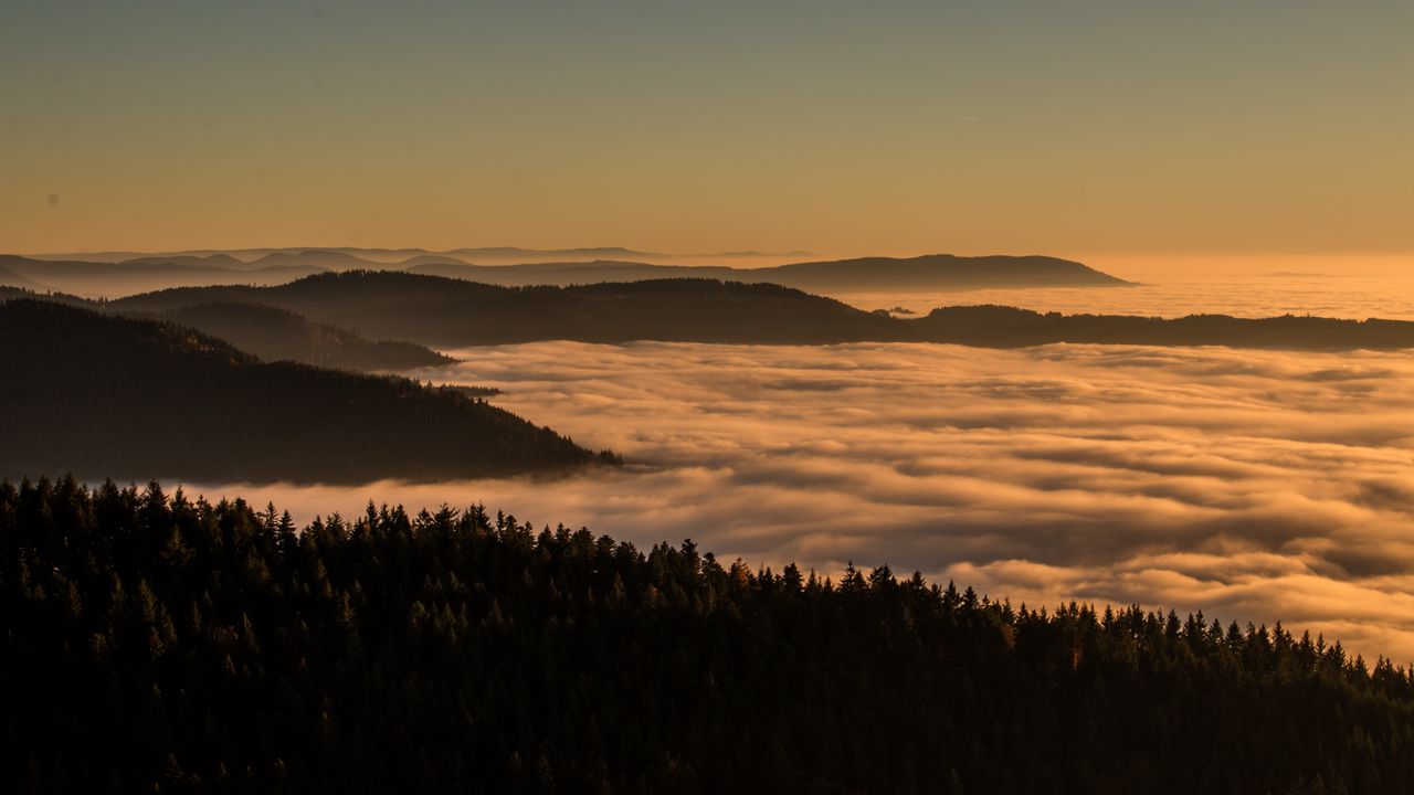Wallpaper hills, trees, clouds, fog, twilight