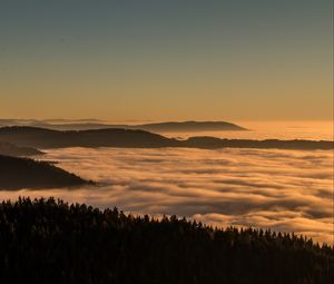 Preview wallpaper hills, trees, clouds, fog, twilight
